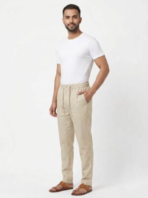 Men’s Solid Regular Fit Casual Cotton Jogger Pants with Drawstring Cream