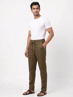 Men’s Solid Regular Fit Casual Cotton Jogger Pants with Drawstring Olive brown