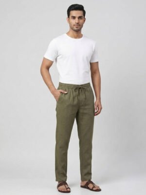 Men’s Solid Regular Fit Casual Cotton Jogger Pants with Drawstring Dark Green